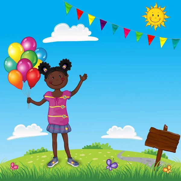 小女孩与五颜六色的气球在风景 可编辑 与空间插入您自己的文本 Eps — 图库矢量图片