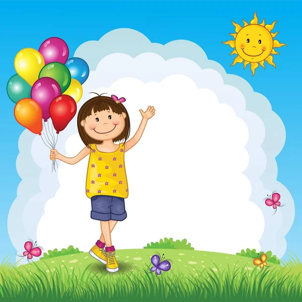 Kleines Mädchen Mit Luftballons Auf Landschaft Editierbar Mit Platz Zum Vektorgrafiken