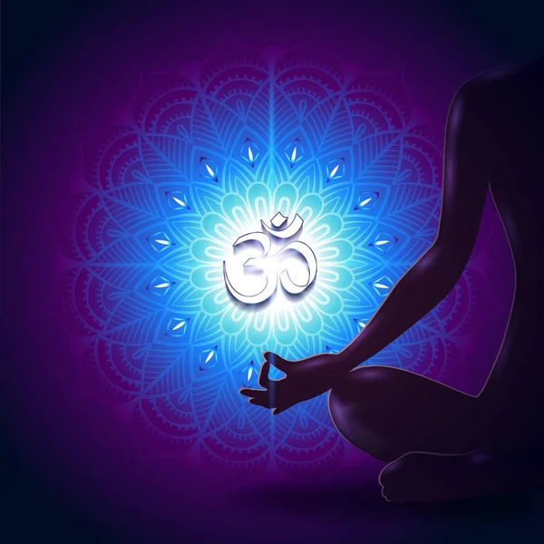 Yoga Mudra Fond Bleu Avec Mandala Décoratif Effets Gradient Mesh — Image vectorielle