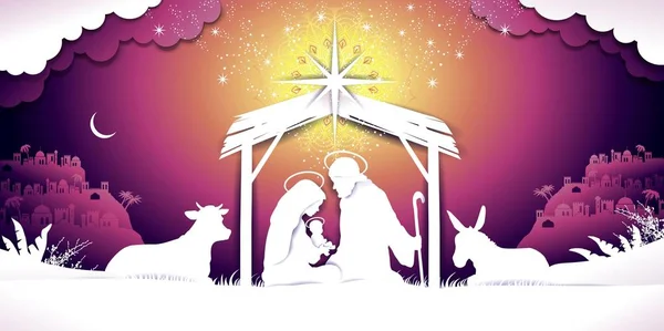 Natale Banner Presepe Tramonto Con Sacra Famiglia Paesaggio Trasparenza Effetti — Vettoriale Stock