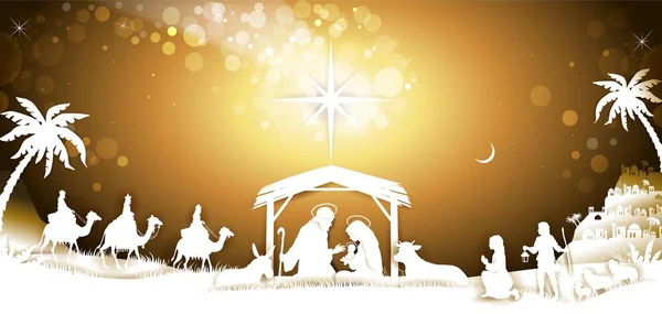 Holy Family King Wise Men Golden Sky Banner Transparency Blending — Stock Vector