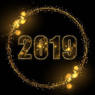 EPS 10 2019 parlak altın parıltı dokulu yuvarlak dekoratif çerçeve numaraları. Yeni yıl altın lüks arka plan