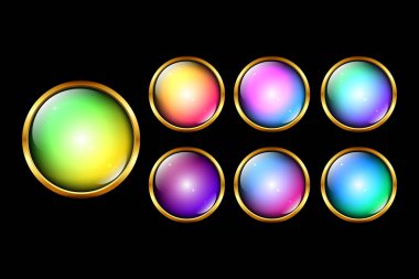 Vektör eps 10 altın çerçeveli renkli parlak web düğmeleri kümesi yuvarlak