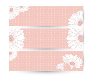 EPS 10 pastel pembe çiçek vintage dikdörtgen afiş kümesi. Polka dot arka plan tebrik kartı şablonlarını papatya çiçekleri.