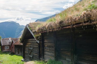 wooden building with grass growing on roof at Flam village, Aurlandsfjord, (Aurlandsfjorden), Norway clipart