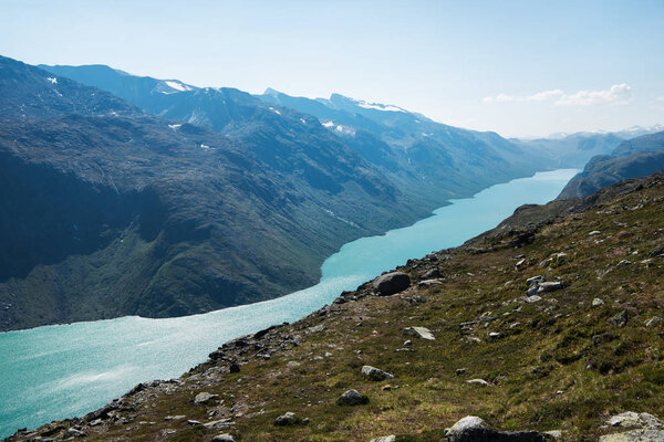 scenery landscape with Gjende lake, Besseggen ridge, Jotunheimen National Park, Norway