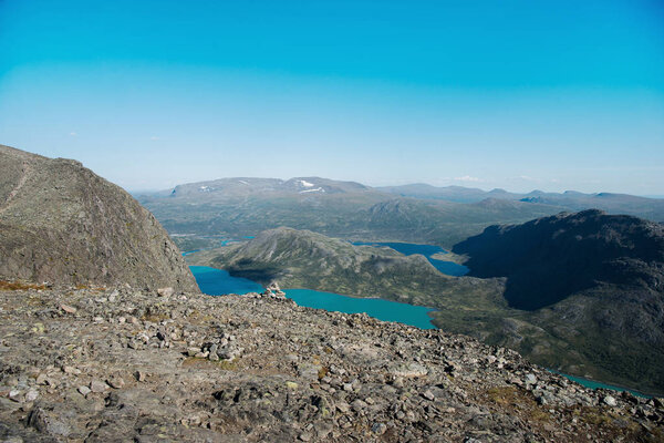 beautiful landscape with Gjende lake, Besseggen ridge, Jotunheimen National Park, Norway