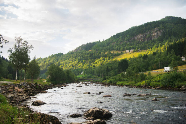 scenic landscape with mountain river in Gudvangen, Neirofjord, Norway