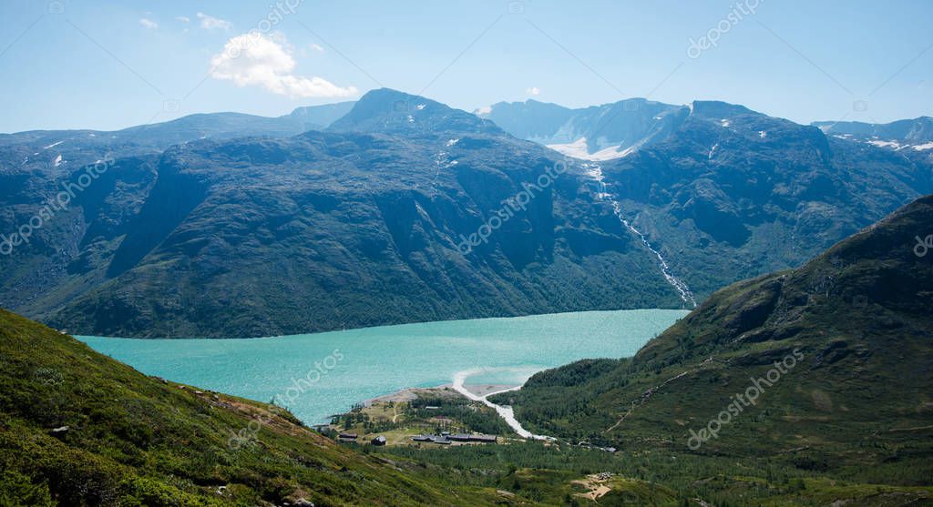 Beautiful aerial view of Besseggen ridge over Gjende lake in Jotunheimen National Park, Norway