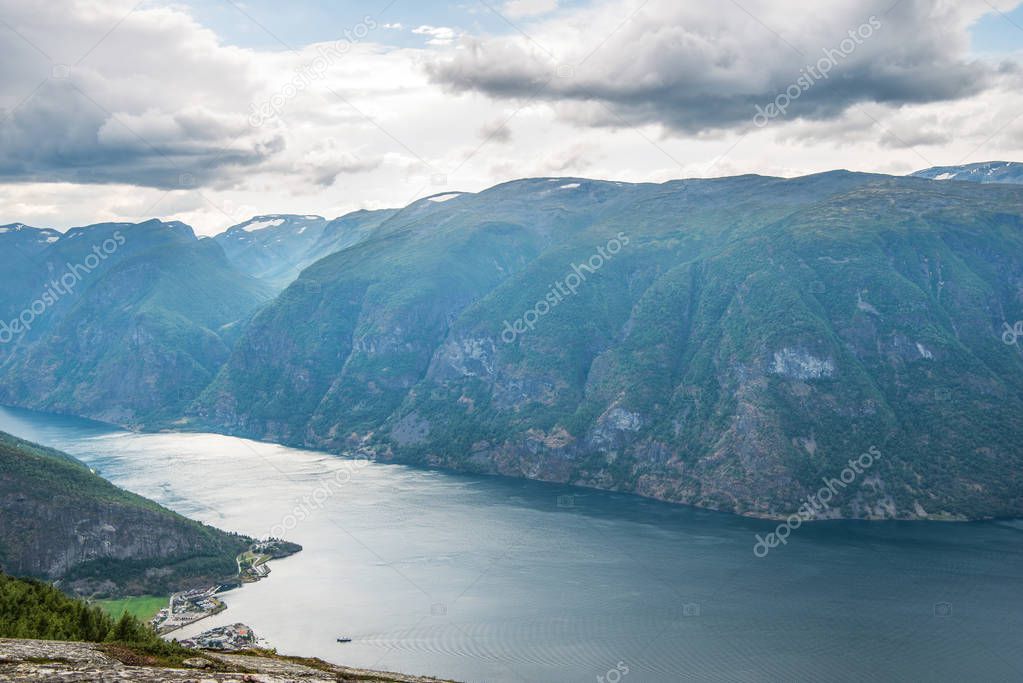 majestic landscape with sea and Aurlandsfjord from Stegastein viewpoint, Aurland, Norway