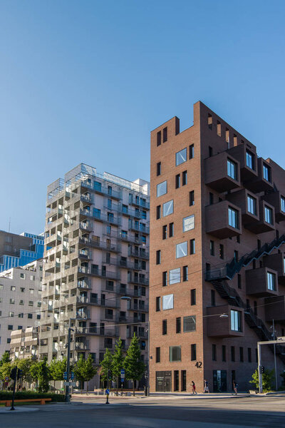 OSLO, NORWAY - 28 JULY, 2018: contemporary houses and city street at Barcode district, Oslo 