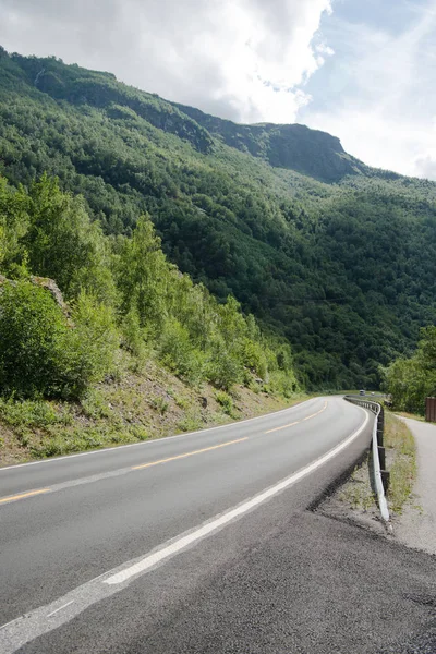 Strada asfaltata vuota e belle montagne coperte di vegetazione verde, Aurlandsfjord, Flam (Aurlandsfjorden), Norvegia — Foto stock