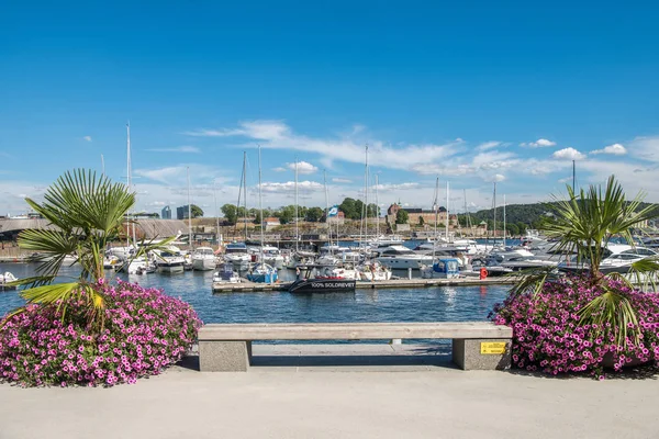 OSLO, NORUEGA - 28 JULHO, 2018: aconchegante banco vazio, belas plantas com flores e barcos ancorados no porto — Fotografia de Stock