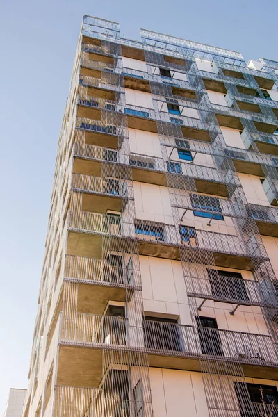 Low angle view of modern building with balconies and windows against sky at Barcode district, Oslo — Stock Photo