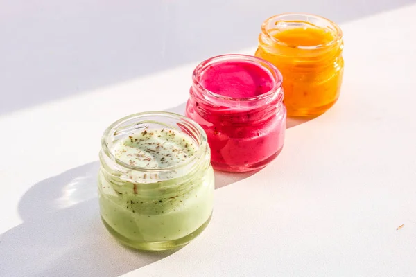 Three Jars Full Multi Colored Honey Souffle Mix Taste — Stock Photo, Image