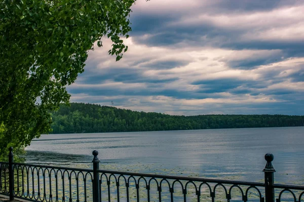 Cloudy summer sky over the calm lake and lonely tree on the front. Russian landscape. — Stock Photo, Image