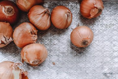 Metin için boş alan ile demir levha üzerinde Olgun soğan. Piyasada soğan.