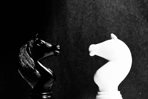 Caballeros de ajedrez blanco y negro nariz a nariz sobre fondo negro. Concepto de confrontación . —  Fotos de Stock