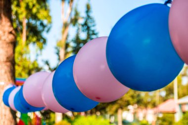 Gökyüzüne ve ağaçlara karşı helyum dolu çok renkli toplar. Yaz günü. Yatay çerçeve. Renkli resim