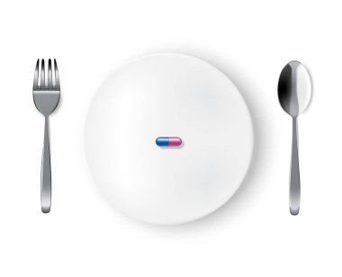 Sahte gerçekçi beyaz plaka veya çanak, Metal kaşık ve çatalı tıp uyuşturucu ya da hap kapsül arka plan illüstrasyon ile yemek masası