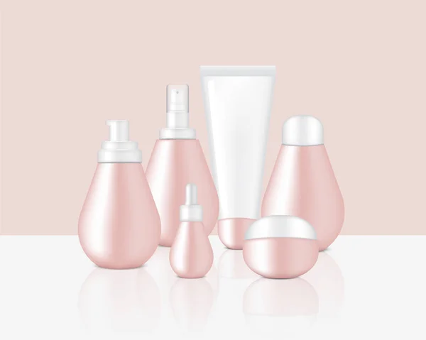 Mock Realistischen Glänzenden Roségold Pastellfarbe Kosmetische Seife Shampoo Sahne Tropfflaschen — Stockvektor