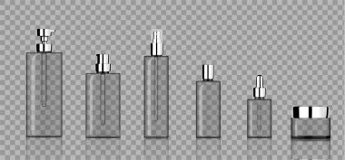 Gerçekçi şeffaf şişe kozmetik sabun, şampuan, krem, yağ düşürücü ve sprey ayarlamak kadar cilt bakım ürün ile metalik Cap arka plan illüstrasyon için alay