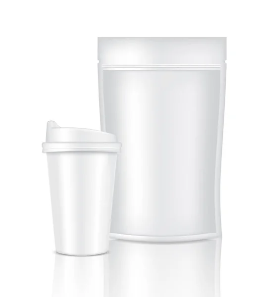 Mock Realistic Coffee White Cup Packaging Producto Bolsa Sachet Fondo — Vector de stock