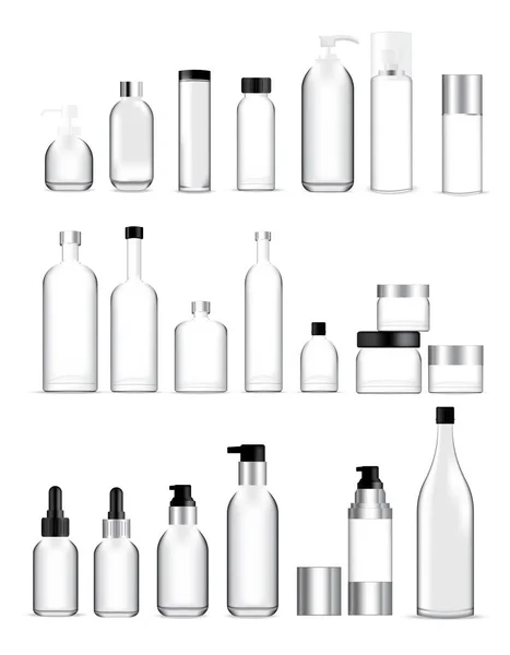 Makiety Realistyczne Szklane Butelki Zdrowe Kosmetycznych Pakowania Mydło Szampon Krem — Wektor stockowy
