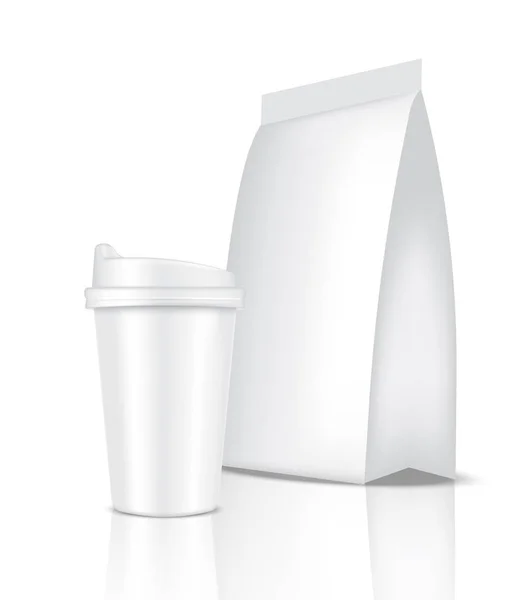 Mock Realistic Coffee White Cup Packaging Producto Bolsa Sachet Fondo — Vector de stock