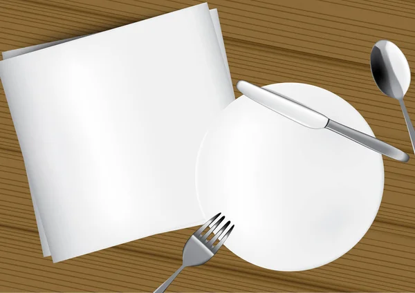Mock up Realistic Plate or Dish, Metal Spoon, Fork and Knife on Dining Table for food with White Paper and Wood Background Illustration Vector — Stock Illustration Mock Realistic Plate Dish Metal Spoon Fork Knife Dining Table Royalty Free Stock Illustrations