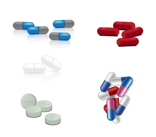 Mock Realistische Wit Rood Blauw Grijs Capsules Pillen Geneeskunde Witte — Stockvector