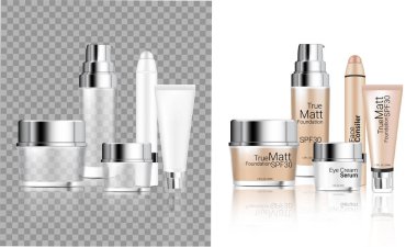 Gerçekçi şeffaf kozmetik şişe, kavanoz, tüp, kalem kadar alay Vakfı Anti Aging Serum, sabun, şampuan, krem, petrol damlalık cilt bakım ürün ambalaj ile metalik Cap arka plan illüstrasyon için