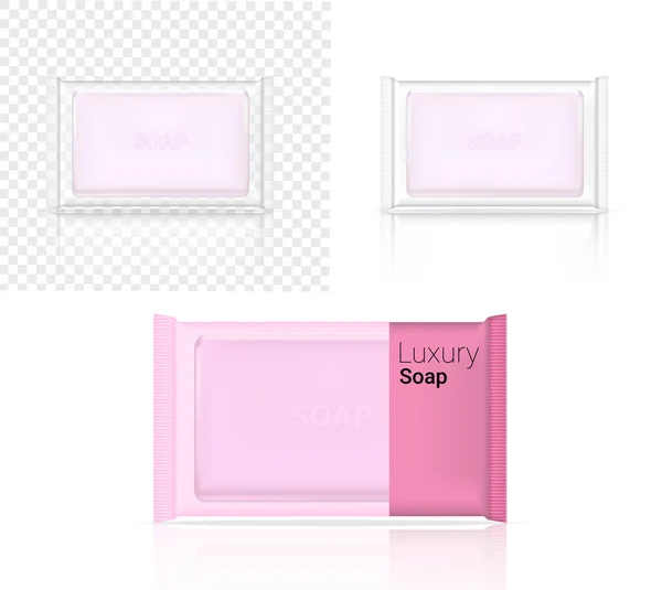 Mock Realistic Soap Bar Cosmetic Transparente Sobre Papel Embalaje Envoltura — Archivo Imágenes Vectoriales