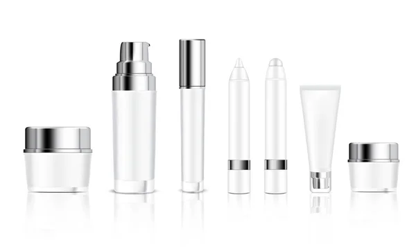 Makiety Realistyczne Białe Butelki Kosmetyczne Jar Tube Ołówek Dla Fundacji — Wektor stockowy