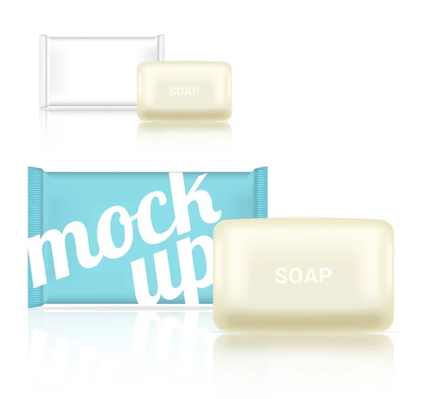 模拟现实肥皂棒化妆品包装纸包装或塑料包的广告设计背景插图 — 图库矢量图片