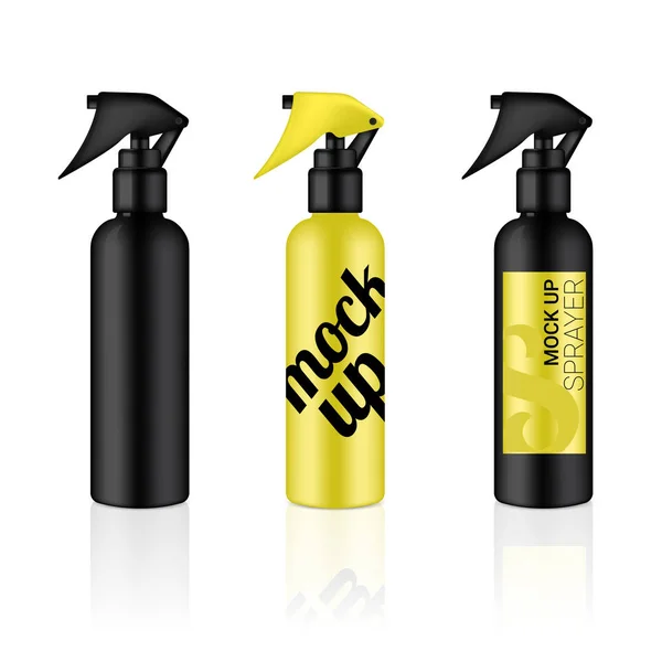 Mock Realistische Spray Fles Cosmetische Set Met Zwarte Gele Achtergrond — Stockvector
