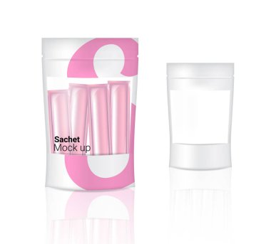 Gıda ve içecek, kahve, kakao veya çay ürün ambalaj vektör çizim için gerçekçi folyo poşet çanta kadar 3D sahte