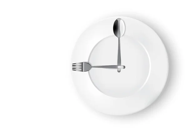Abstract Realistic Time To Eat With Clock, White Plate or Dish, Metal Spoon and Fork on Dining Table for food isolated white Background Illustration. — Stock Illustration Abstract Realistic Time Eat Clock White Plate Dish Metal Spoon Royalty Free Stock Vectors
