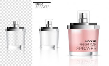 3d Mock up Gerçekçi Sprey Şişe Parfüm Kozmetik veya Sabun Köpük Cilt Bakımı Ürün Ambalaj pembe pastel renk ve Arka Plan İllüstrasyon Gümüş Kap ile