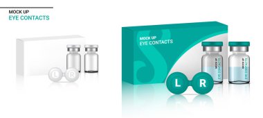 Gerçekçi Şeffaf Kontakt Lensler Şişeler, Göz Ürün ve Karton Ambalaj Arka Plan İllüstrasyon ile Case kadar Mock up