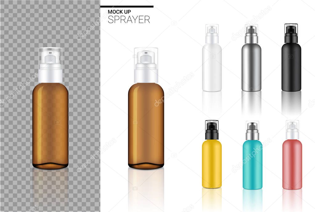 Mock up Realistic Spray Bottle Cosmetic Set Template with black, Transparent Amber, Silver, Rose gold, Blue and Yellow Colour on White Background Illustration