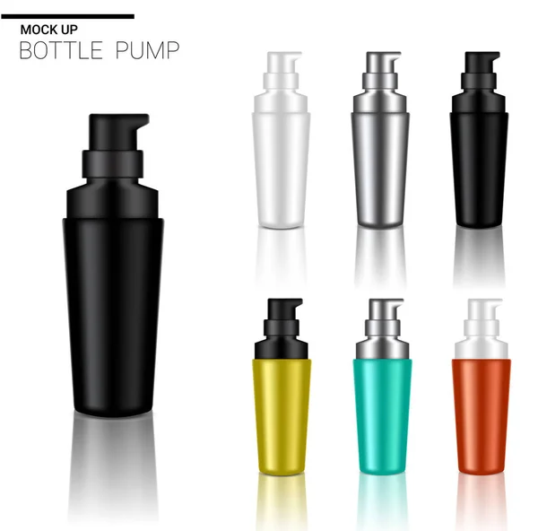 Mock Realistische Pumpflasche Kosmetik Set Vorlage Mit Schwarzer Silberner Roter — Stockvektor