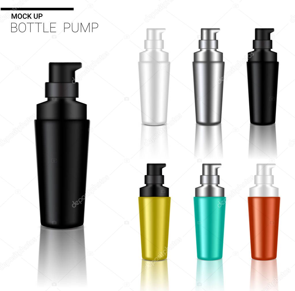Mock up Realistic Pump Bottle Cosmetic Set Template with black, Silver, Red, Blue and Yellow Colour on White Background Illustration