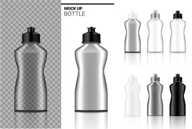 Şişe Mock kadar gerçekçi şeffaf beyaz, siyah ve cam ampul veya damla plastik paketleme. Beyaz arka plan Illustration gıda ve Sağlık Tıp ürün için.