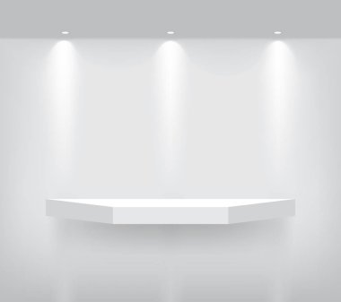 Spotlight ve Beyaz arka plan üzerinde gölge ile Ürün göstermek için iç için Gerçekçi Boş Geometrik Raf mock up. Ayaklı Tasarım illüstrasyon