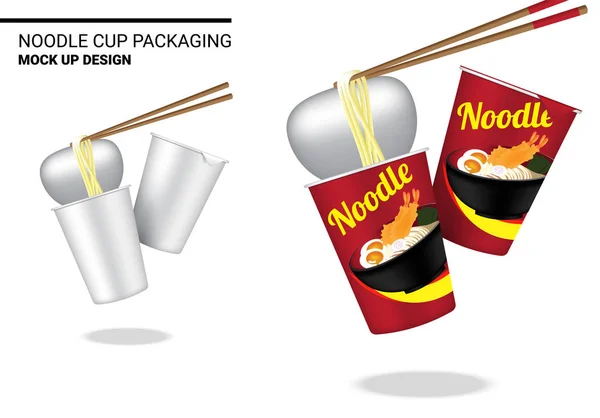 Mock Desain Realistik Hot Cup Produk Pengepakan Mie White Background - Stok Vektor