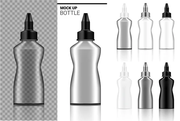 Flaschenattrappe Realistische Transparente Weiße Schwarze Und Gläserne Ampullen Oder Tropfverpackungen — Stockvektor