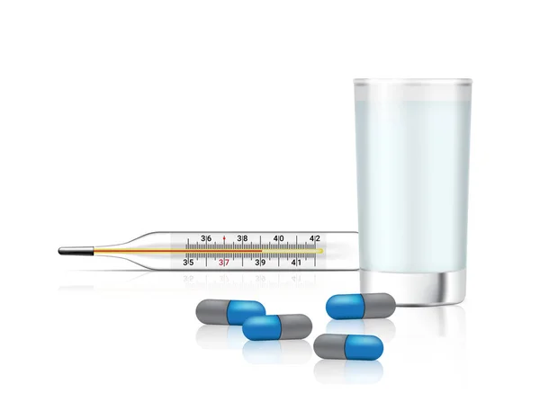 Изображение Реальных Капсул Таблетки Лекарства Белом Фоне Водяным Стеклом Термометром — стоковый вектор