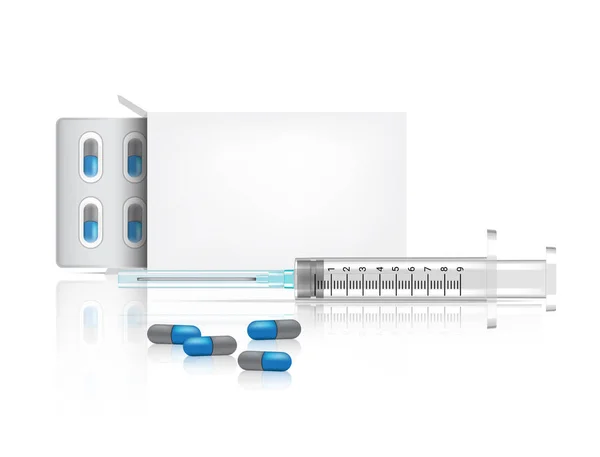 Caja Embalaje Mock Cápsulas Realistas Píldoras Medicina Sobre Fondo Blanco — Archivo Imágenes Vectoriales