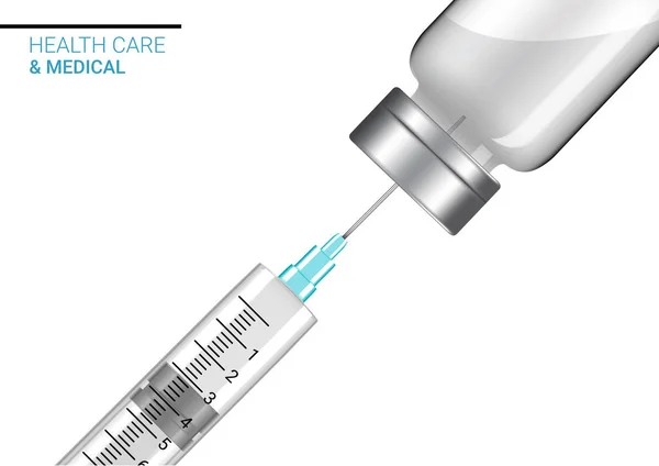 Бутылочный Макет Реалистичный Вакцины Шприц Гриппа Выстрел Белом Фоне Упаковкой — стоковый вектор